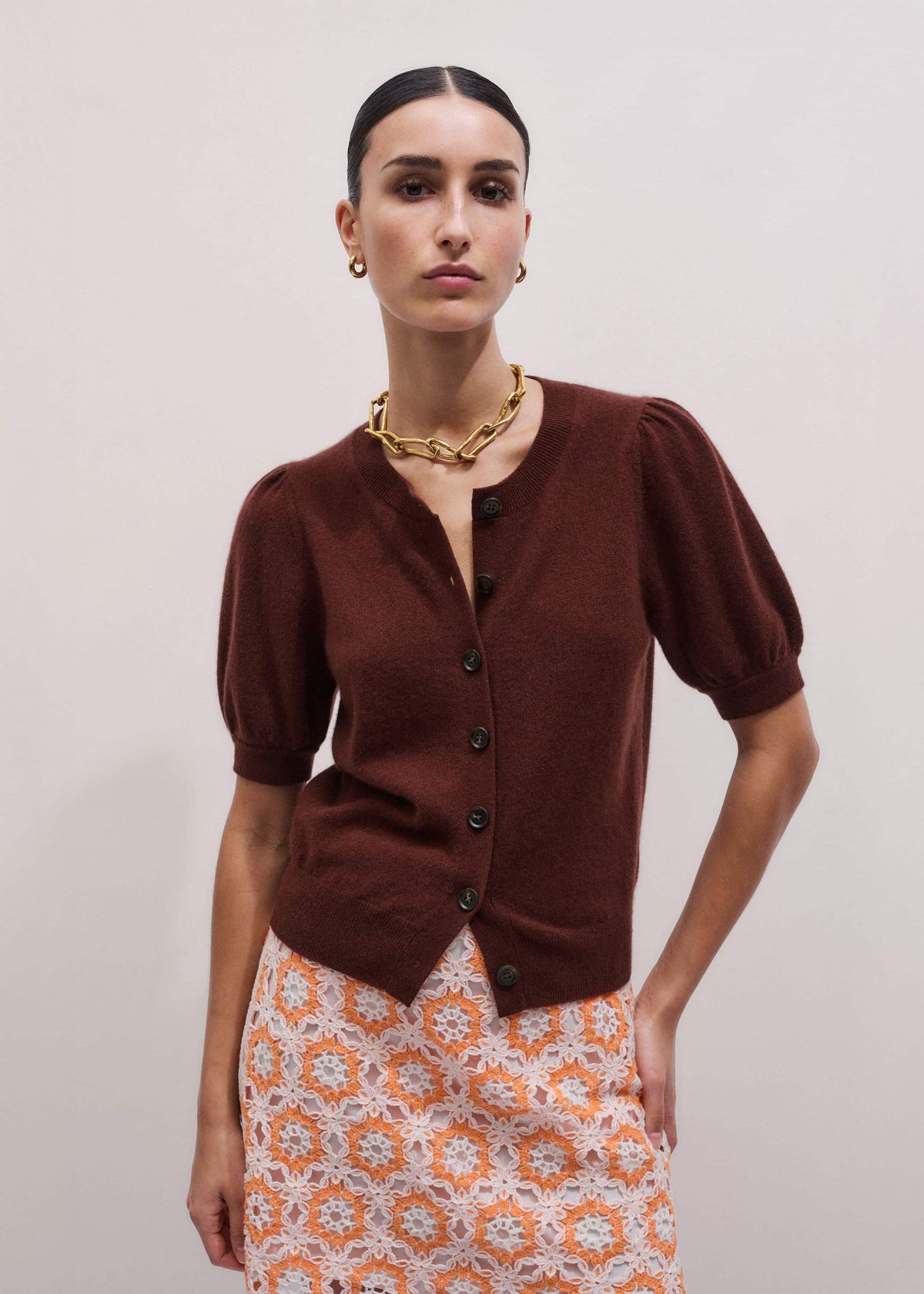 ME+EM Clothing Cinnamon Brown Cashmere Feminine Sleeve Cardi