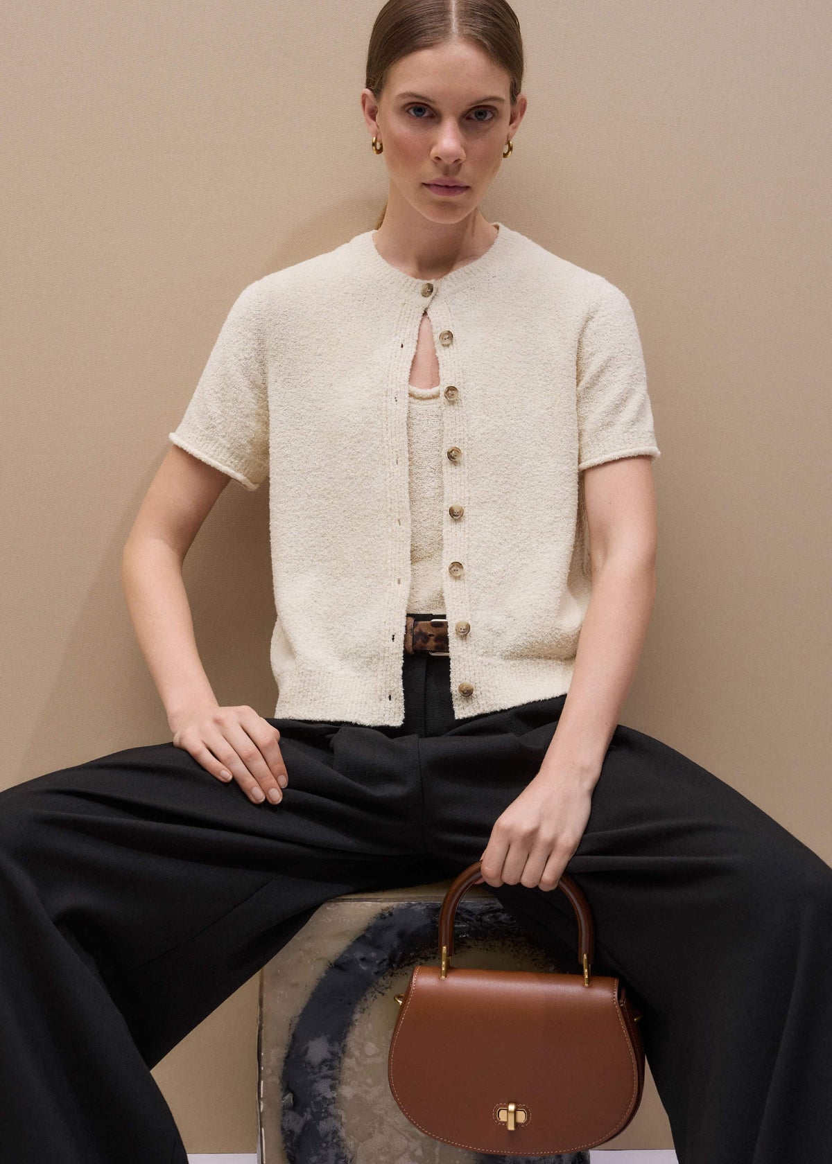 ME+EM Clothing Cream Short Sleeve Cardigan