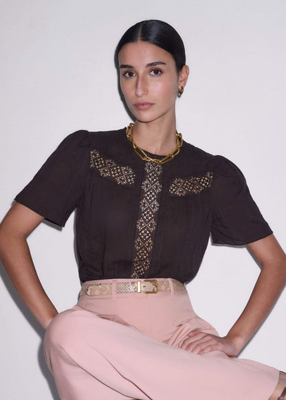 ME+EM Clothing Brown Embroidered Cutout Tee