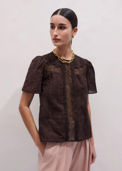 ME+EM Clothing Brown Embroidered Cutout Tee