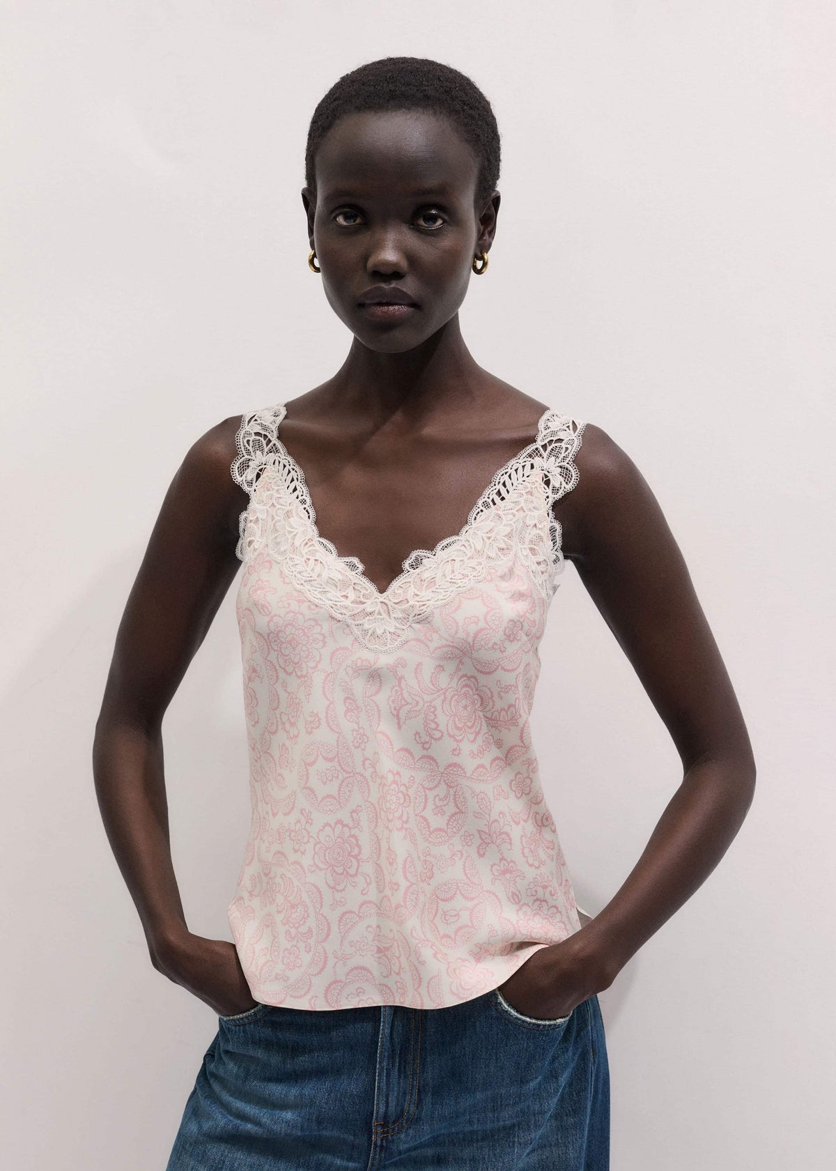 ME+EM Clothing Cream Silk Satin Entangled Lace Trim Cami Top