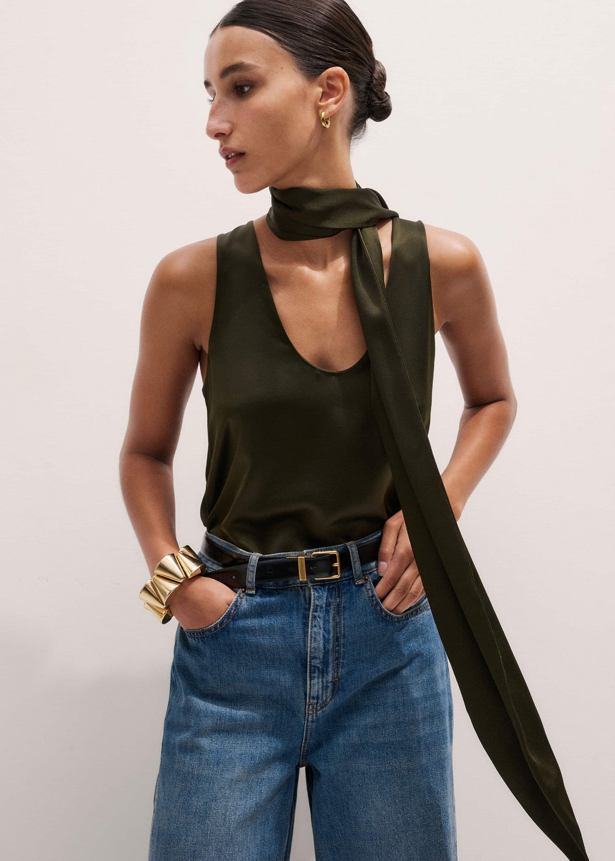 ME+EM Clothing Olive Green Silk Satin Evening Tank Top