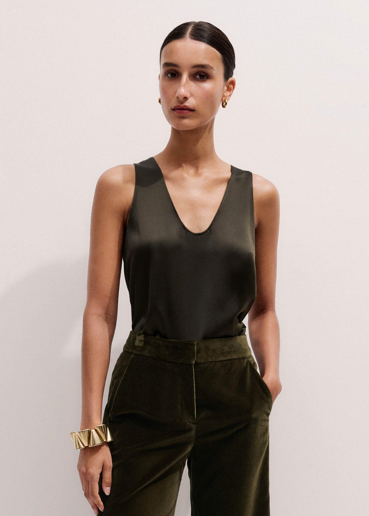 ME+EM Clothing Olive Green Silk Satin Evening Tank Top