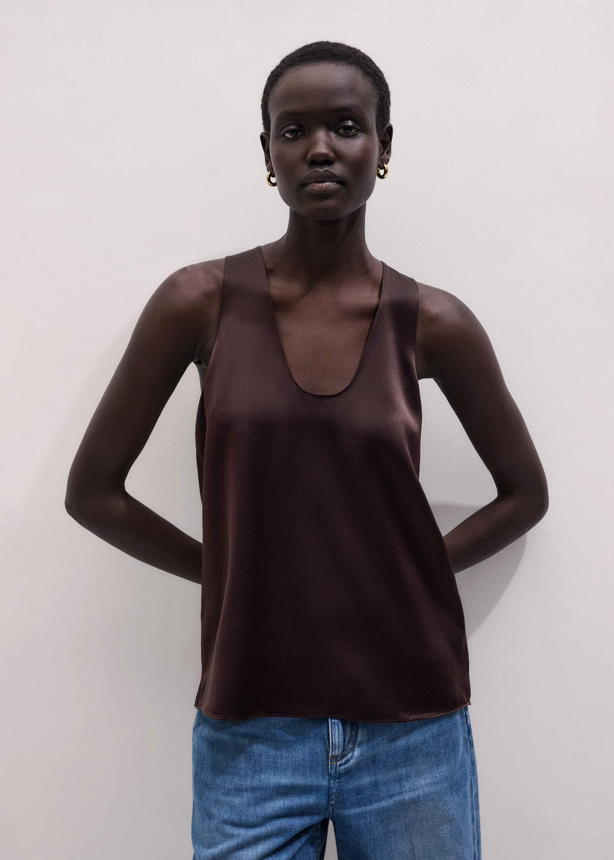 ME+EM Clothing Brown Silk Satin Fluid Evening Tank