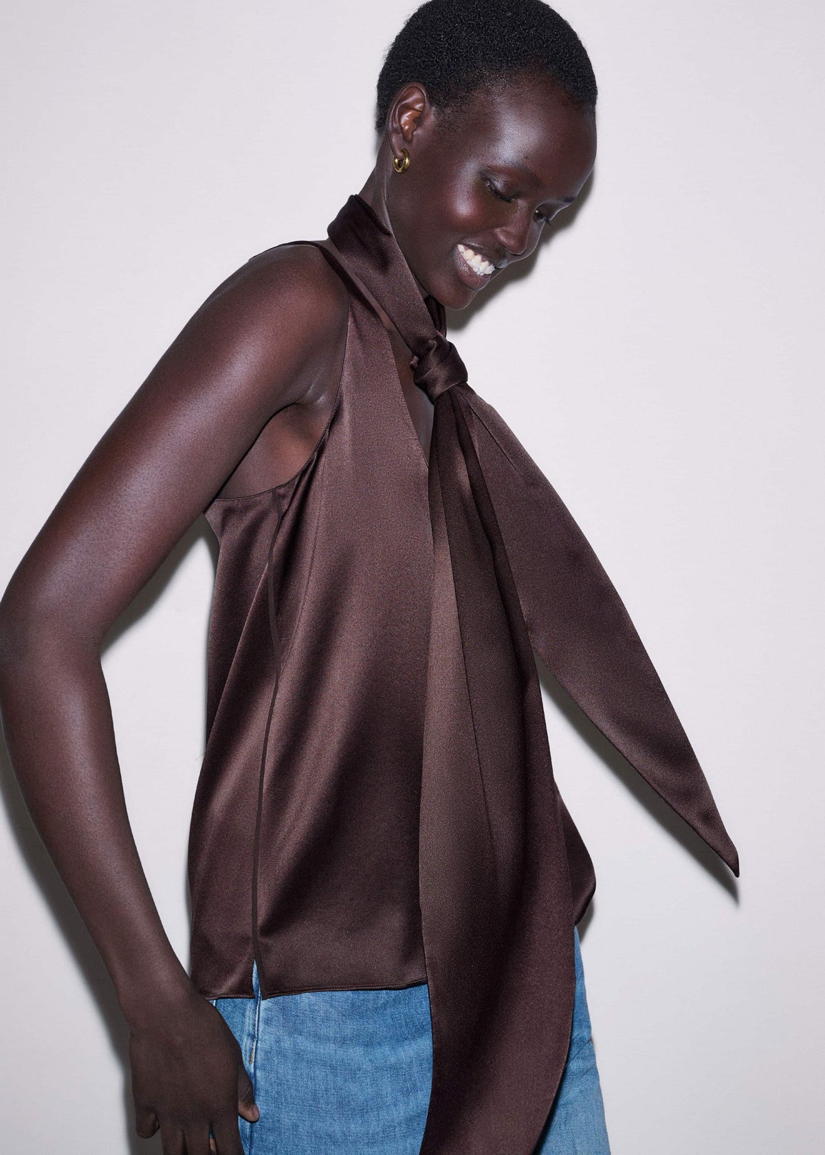 ME+EM Clothing Brown Silk Satin Fluid Evening Tank