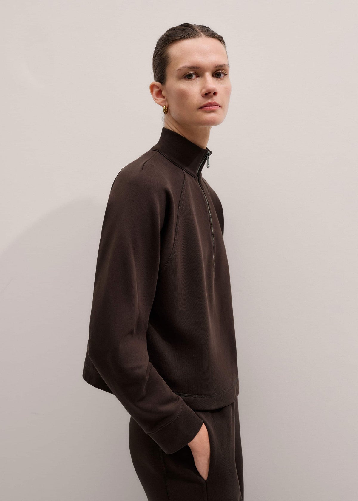 ME+EM Clothing Brown Sweatshirt Cropped Funnel Neck Top