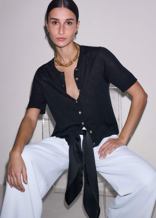 ME+EM Clothing Black Merino Cashmere Barely There Buttoned Knit Tee