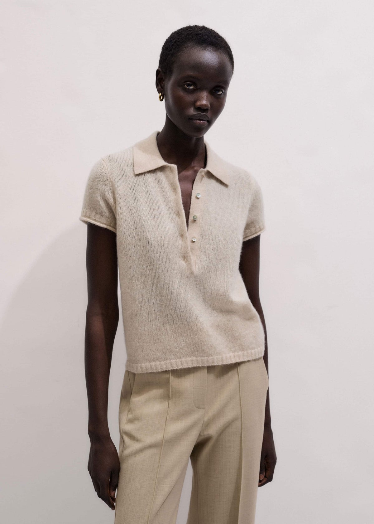 ME+EM Clothing Oatmeal Merino Cashmere Silk Straight Polo Tee
