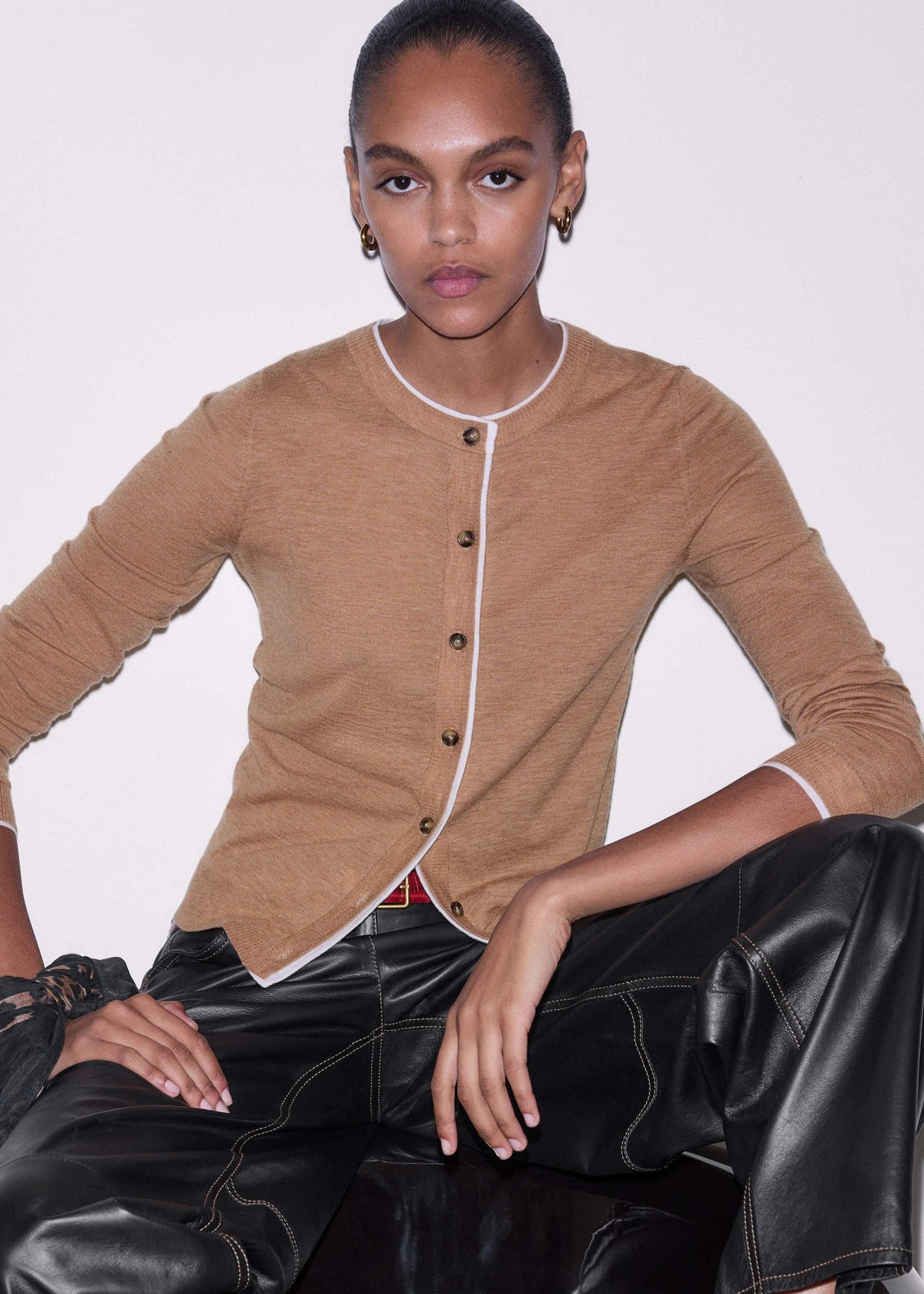 ME+EM Clothing Camel Brown Barely There Contrast Slim Cardigan