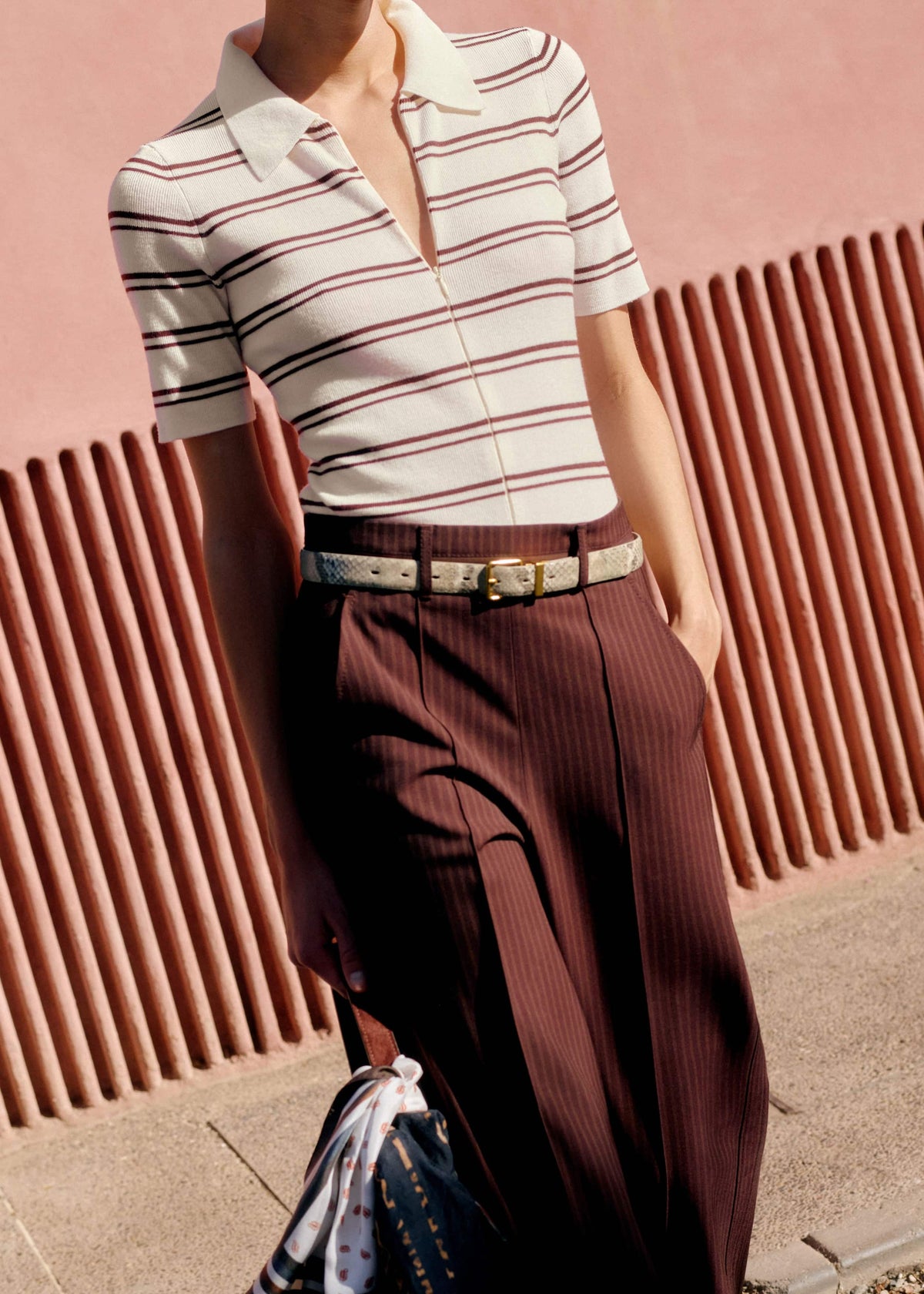 ME+EM Clothing Cream Two-Way Zip Stripe Slim Tee