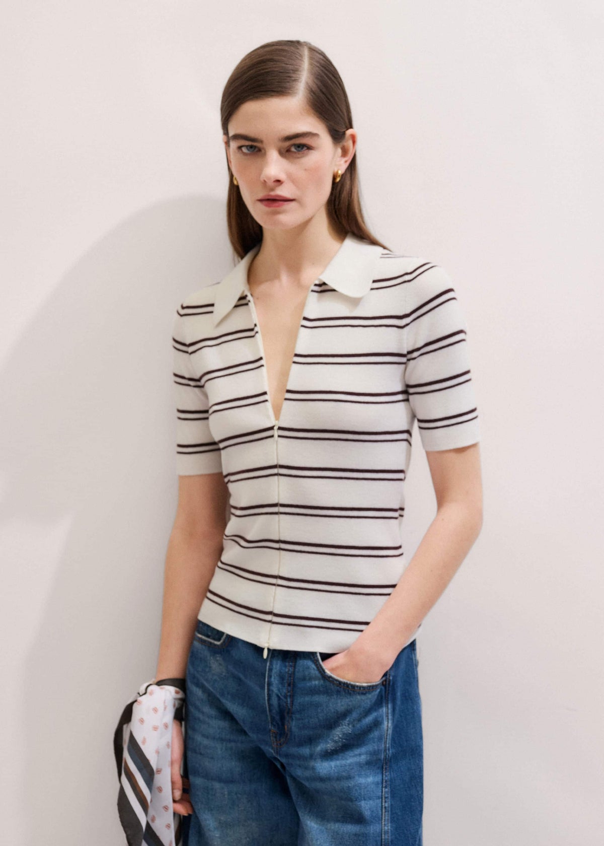 ME+EM Clothing Cream Two-Way Zip Stripe Slim Tee