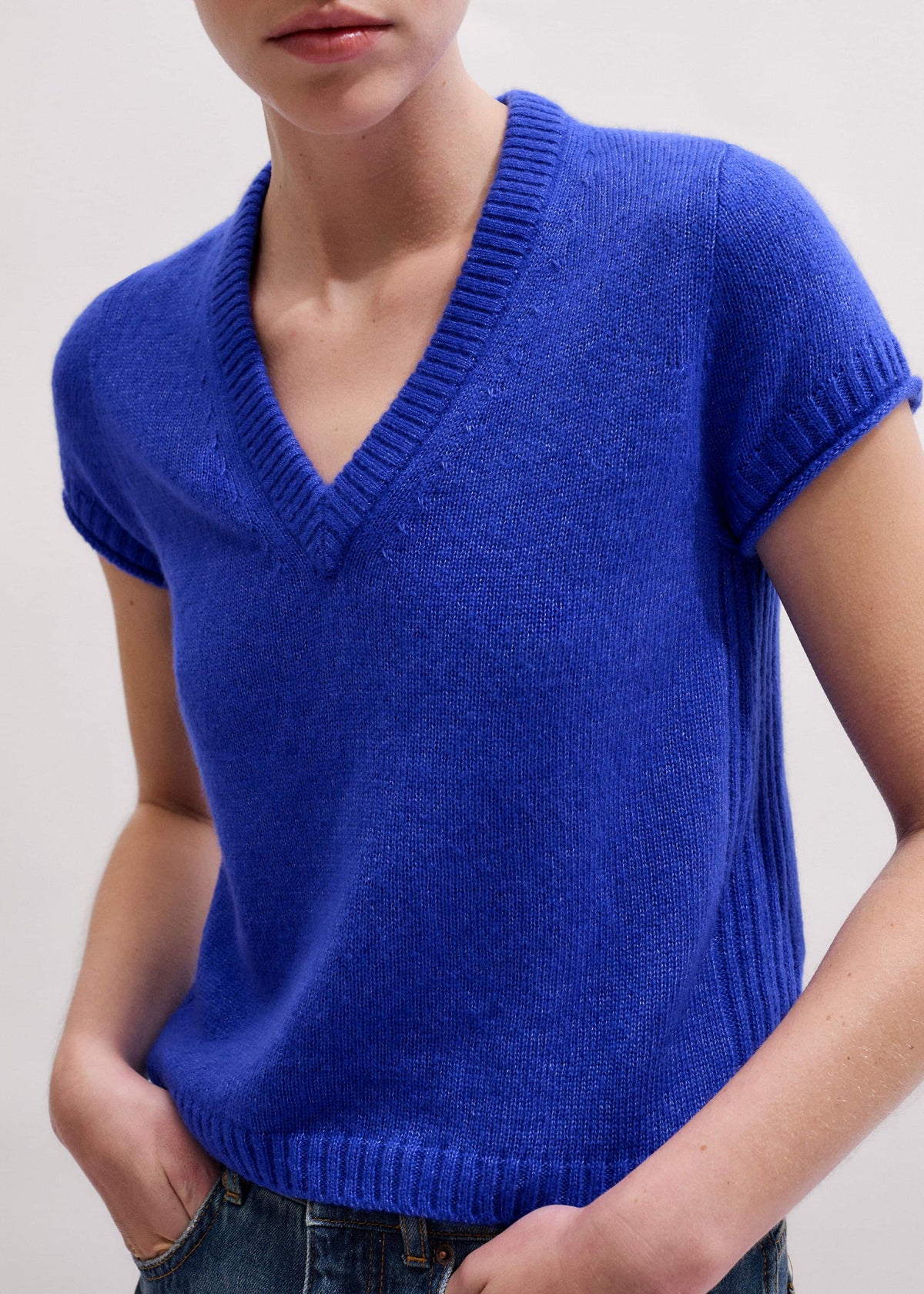 ME+EM Clothing Blue Merino Cashmere Silk V-Neck Baby Tee
