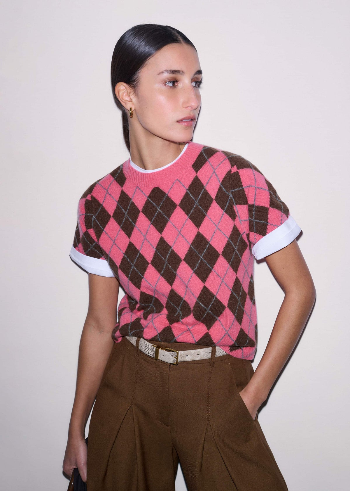 ME+EM Clothing Pink Cashmere Argyle Knit Baby Tee