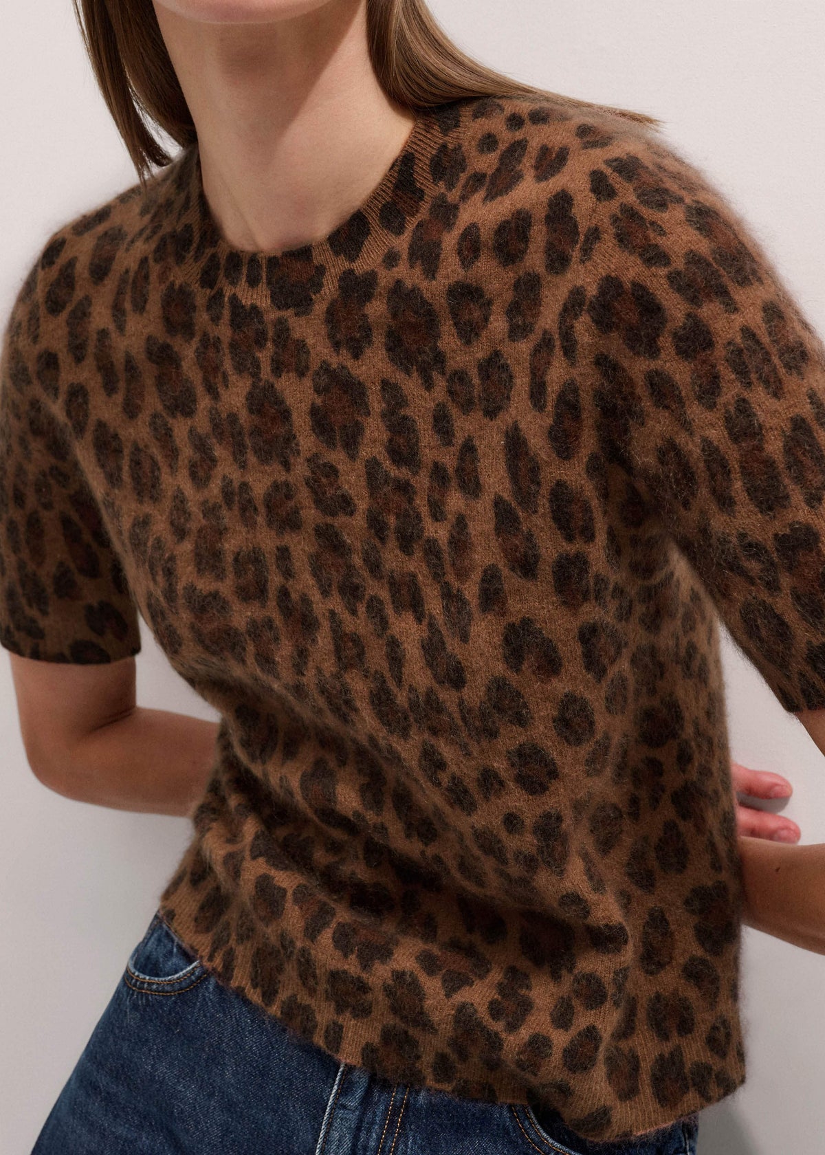 ME+EM Clothing Brown Merino Cashmere Leopard Print Straight Knit Tee