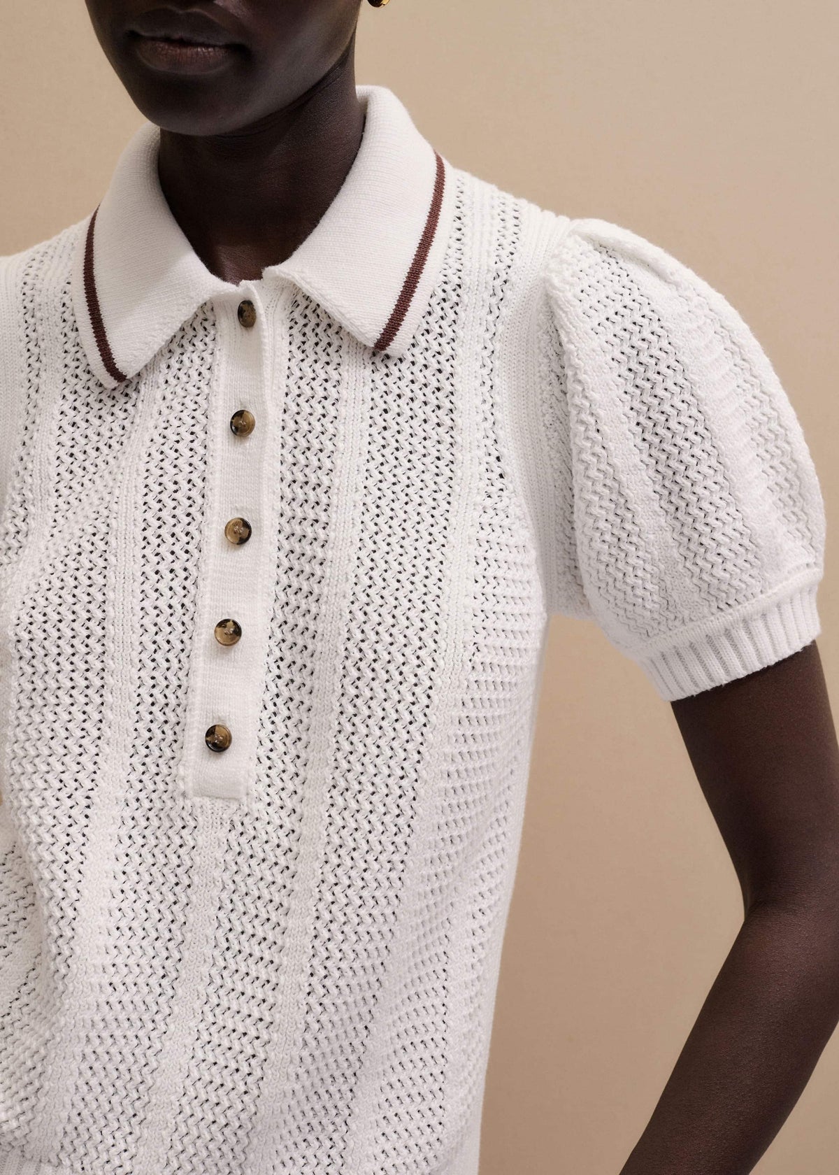 ME+EM Clothing Cream Pointelle Pouf Sleeve Sporty Smart Polo Top