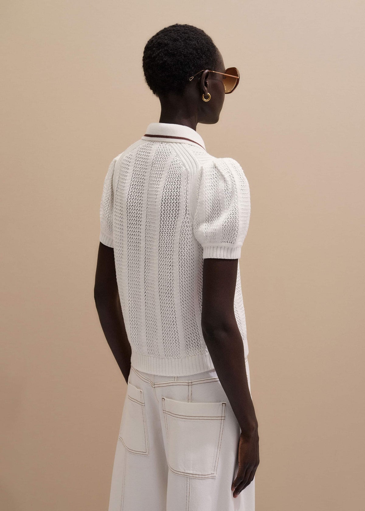ME+EM Clothing Cream Pointelle Pouf Sleeve Sporty Smart Polo Top