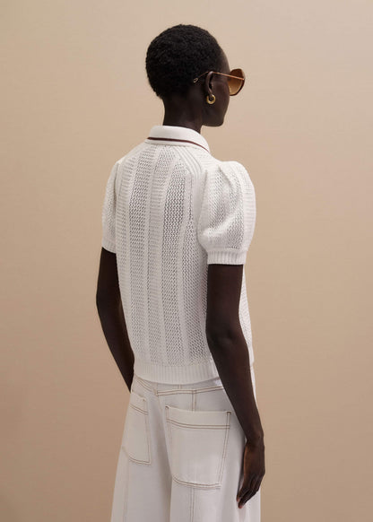 ME+EM Clothing Cream Pointelle Pouf Sleeve Sporty Smart Polo Top