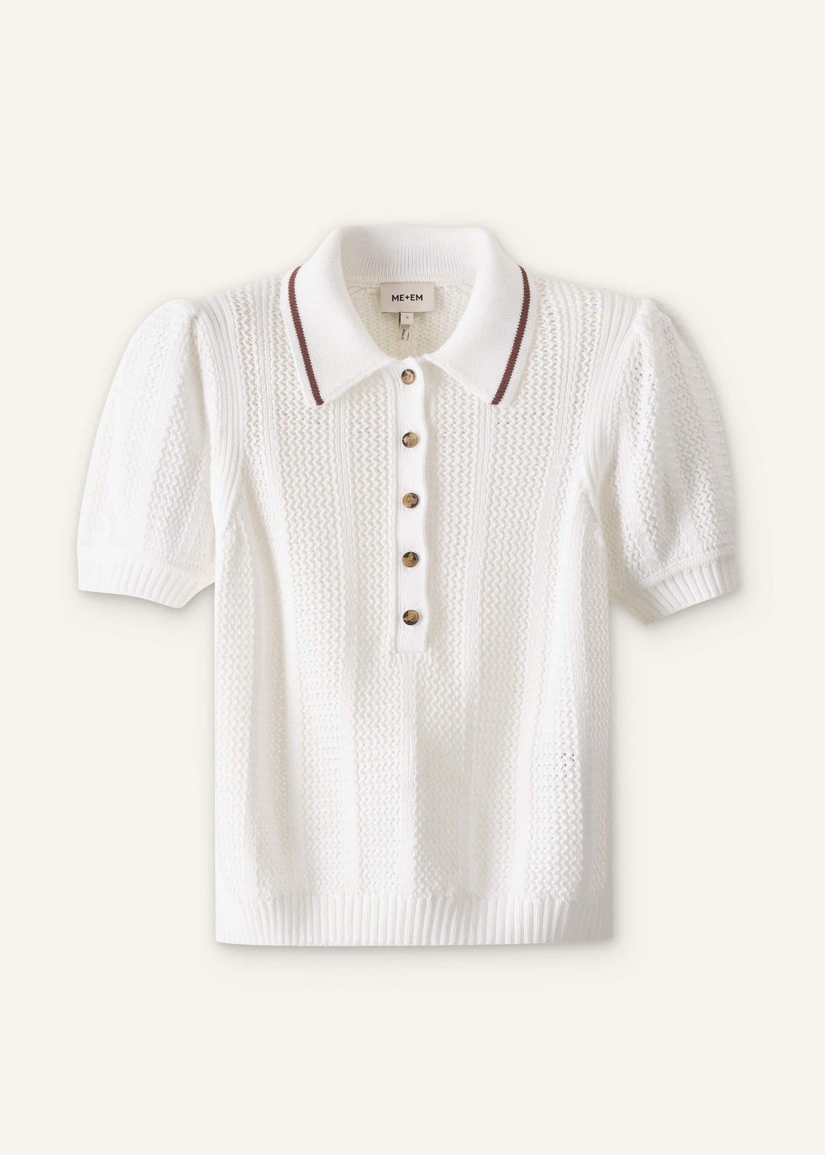 ME+EM Clothing Cream Pointelle Pouf Sleeve Sporty Smart Polo Top