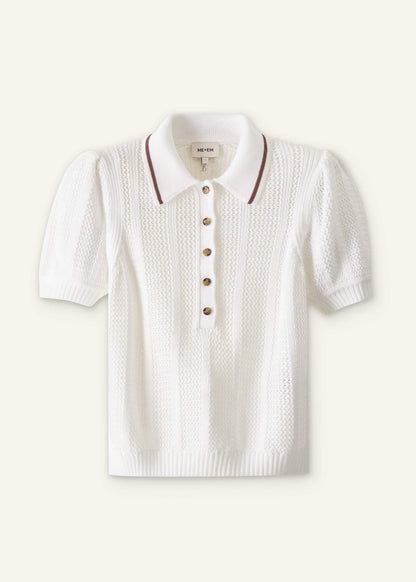ME+EM Clothing Cream Pointelle Pouf Sleeve Sporty Smart Polo Top
