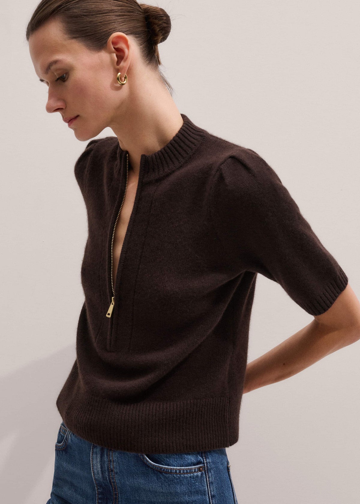 ME+EM Clothing Brown Cashmere Zip Neck Pouf Sleeve Knit Tee