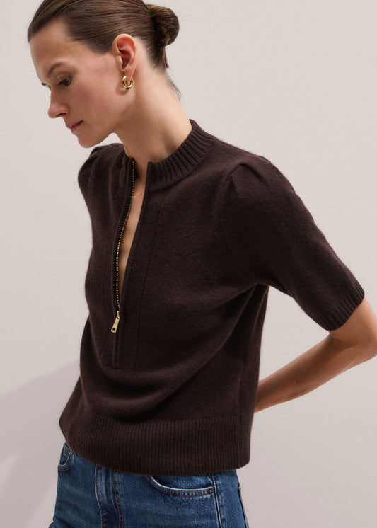 ME+EM Clothing Brown Cashmere Zip Neck Pouf Sleeve Knit Tee