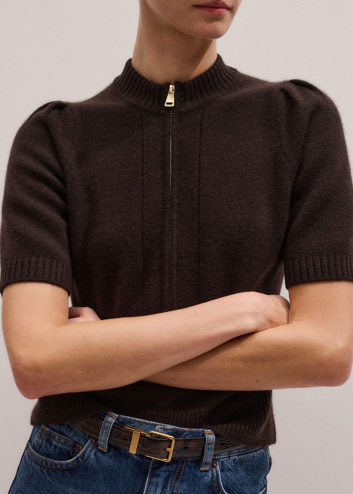 ME+EM Clothing Brown Cashmere Zip Neck Pouf Sleeve Knit Tee