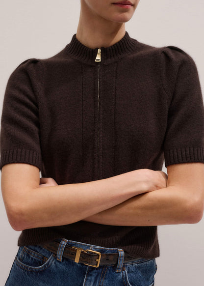 ME+EM Clothing Brown Cashmere Zip Neck Pouf Sleeve Knit Tee