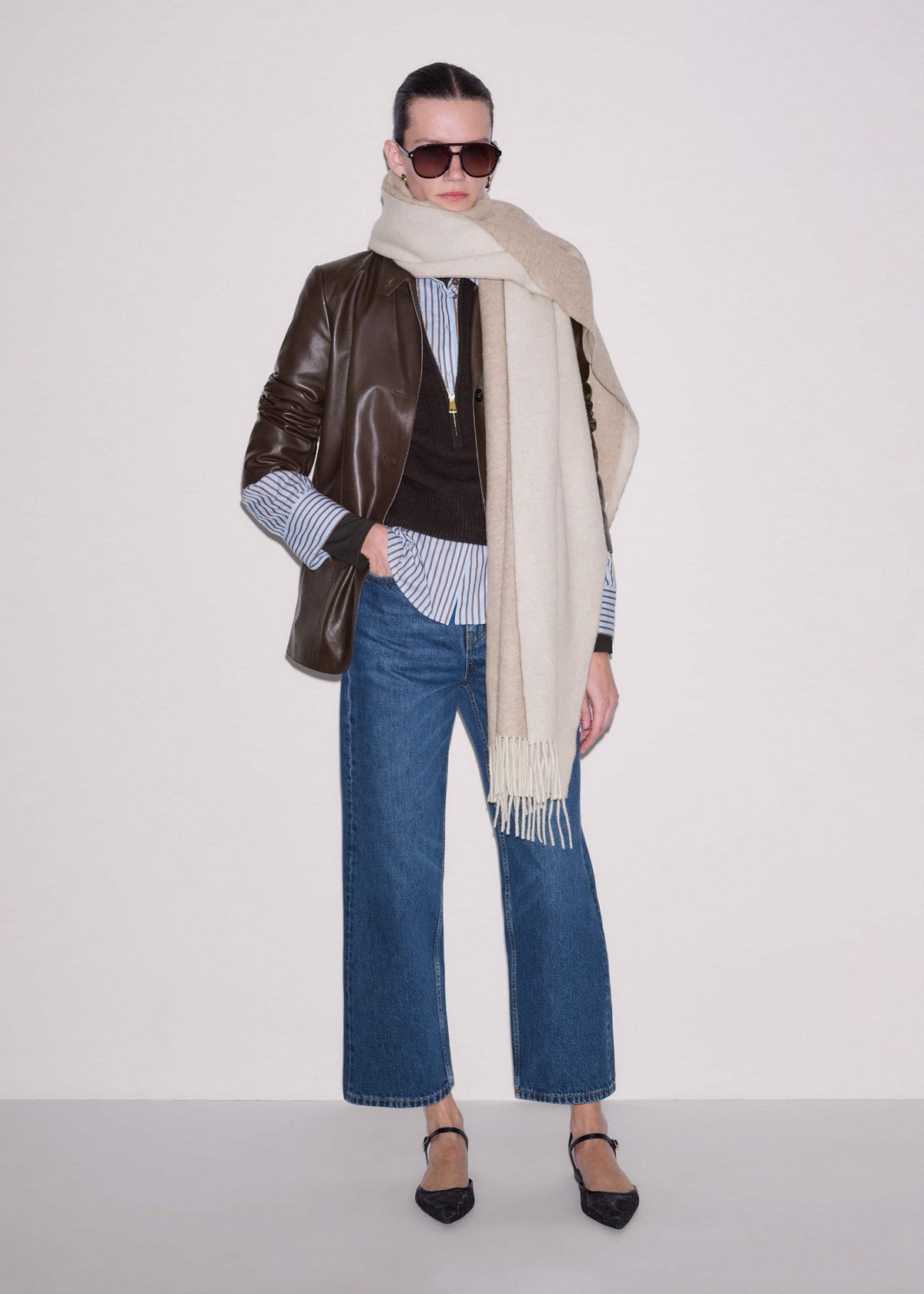 ME+EM Clothing Brown Cashmere Zip Neck Pouf Sleeve Knit Tee