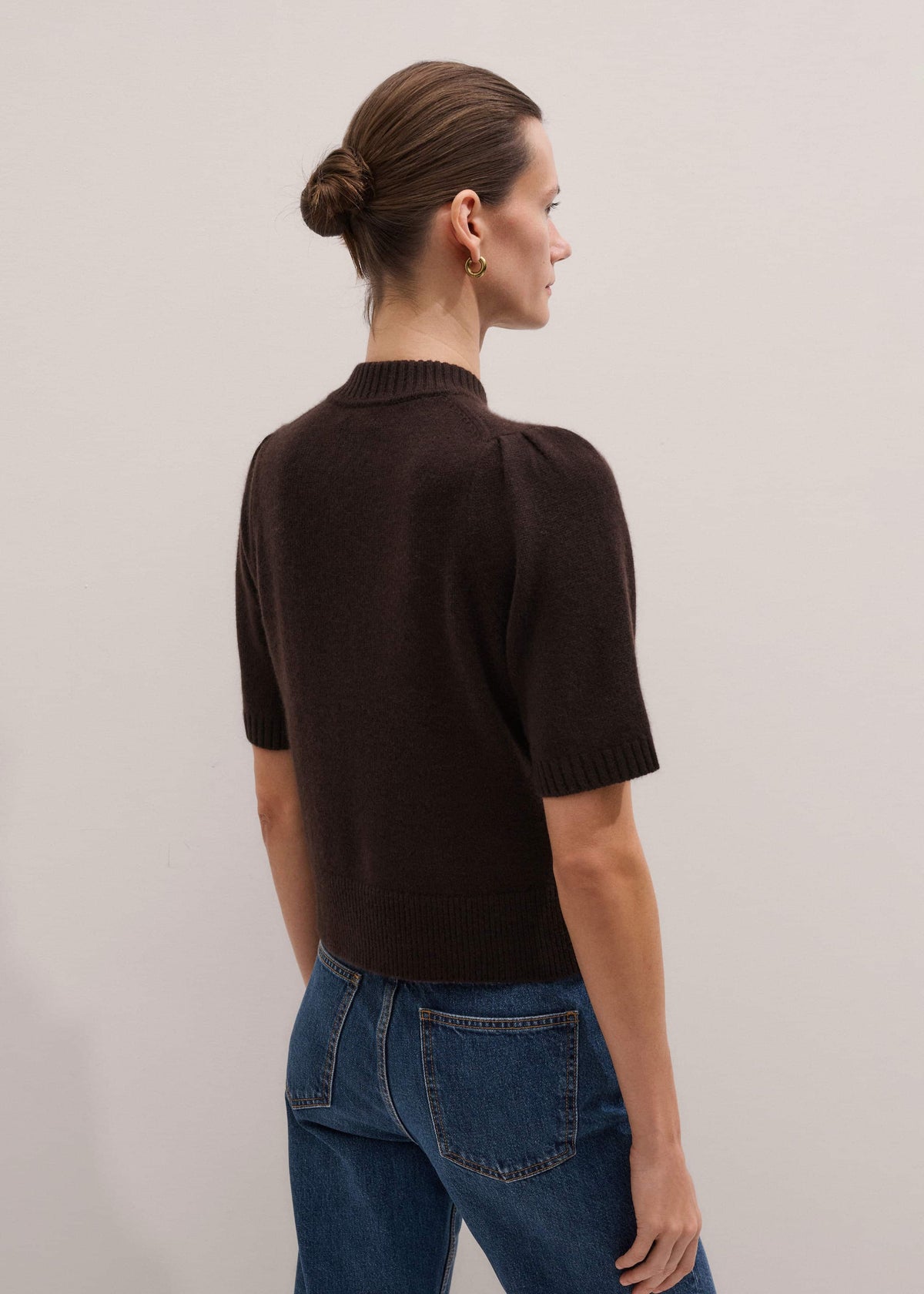 ME+EM Clothing Brown Cashmere Zip Neck Pouf Sleeve Knit Tee