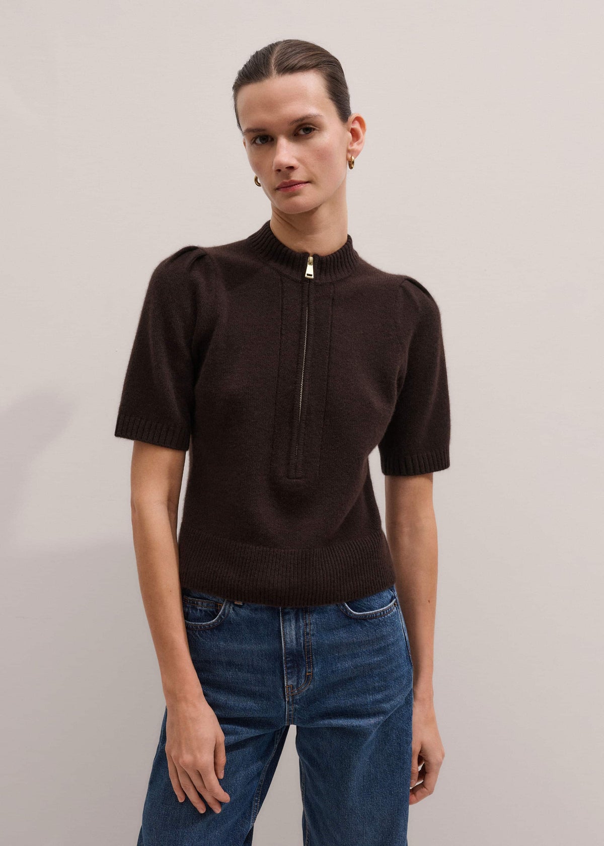 ME+EM Clothing Brown Cashmere Zip Neck Pouf Sleeve Knit Tee