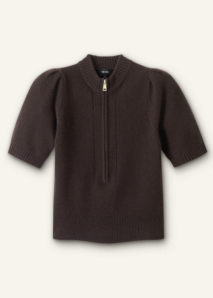 ME+EM Clothing Brown Cashmere Zip Neck Pouf Sleeve Knit Tee