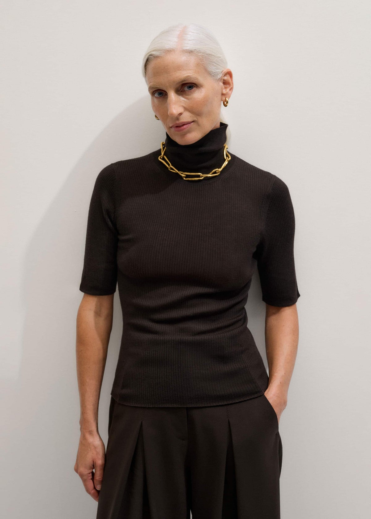 ME+EM Clothing Brown Superfine Ribbed Roll Neck Tee