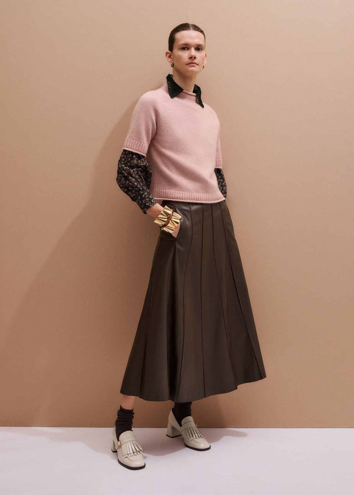 ME+EM Clothing Pink Cashmere Roll Trim Knit Tee
