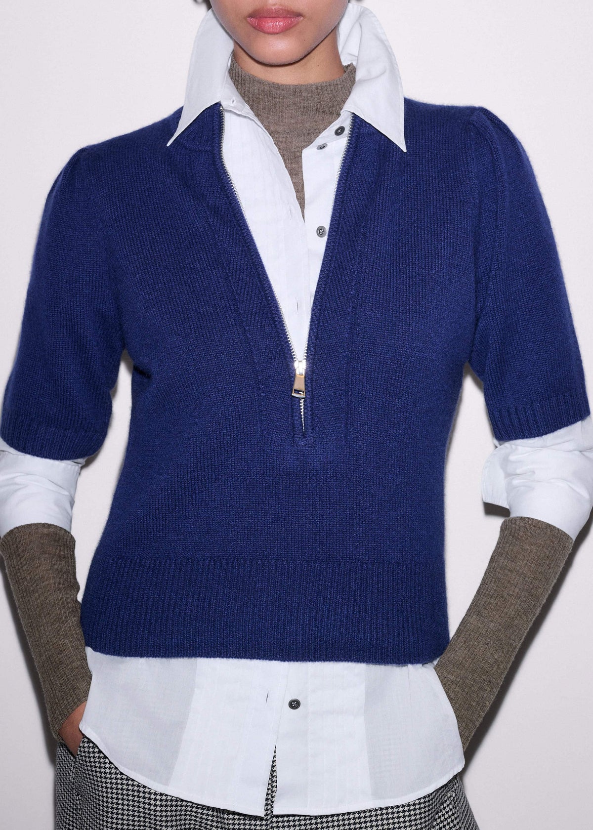 ME+EM Clothing Blue Cashmere Zip Neck Pouf Sleeve Knit Tee
