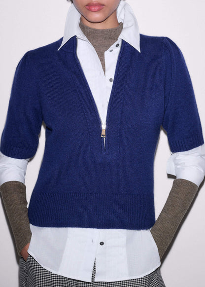 ME+EM Clothing Blue Cashmere Zip Neck Pouf Sleeve Knit Tee