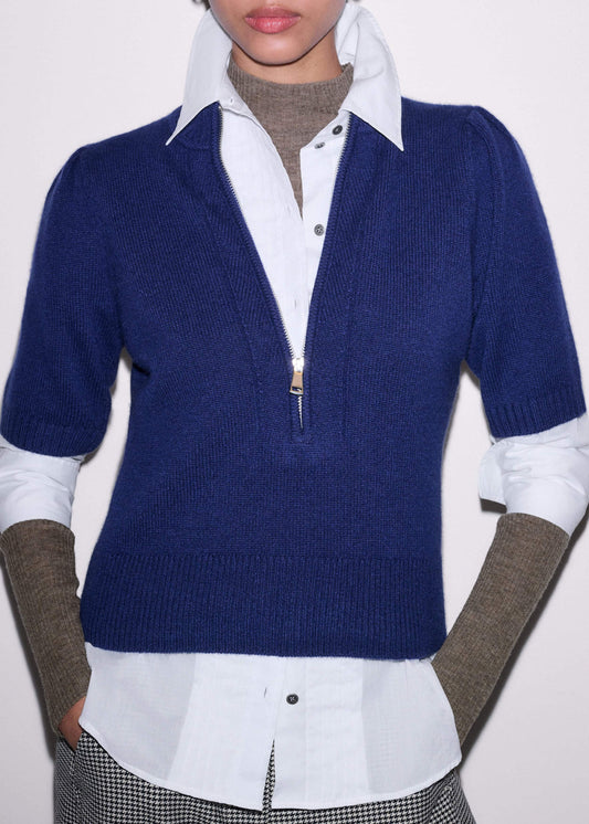 ME+EM Clothing Blue Cashmere Zip Neck Pouf Sleeve Knit Tee