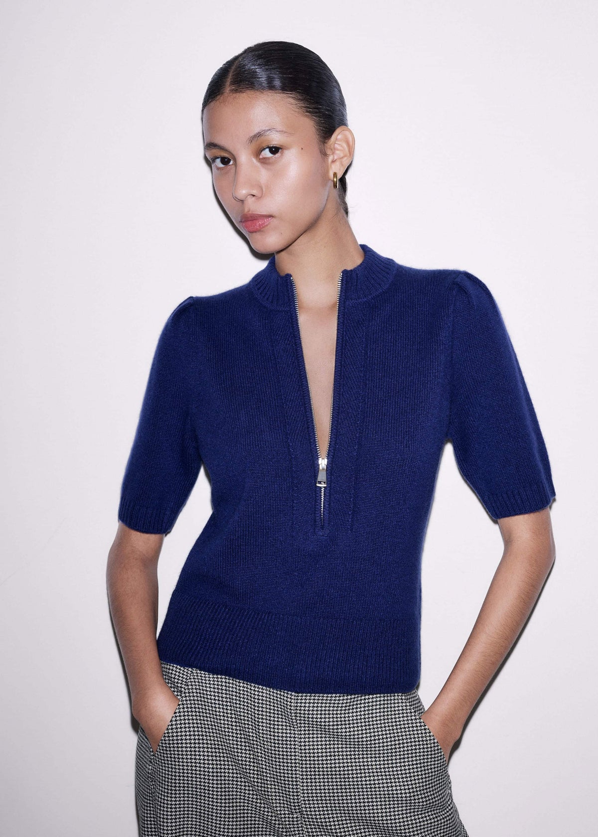 ME+EM Clothing Blue Cashmere Zip Neck Pouf Sleeve Knit Tee