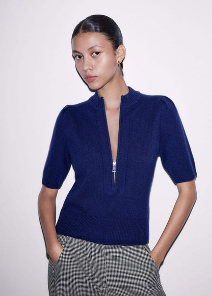 ME+EM Clothing Blue Cashmere Zip Neck Pouf Sleeve Knit Tee
