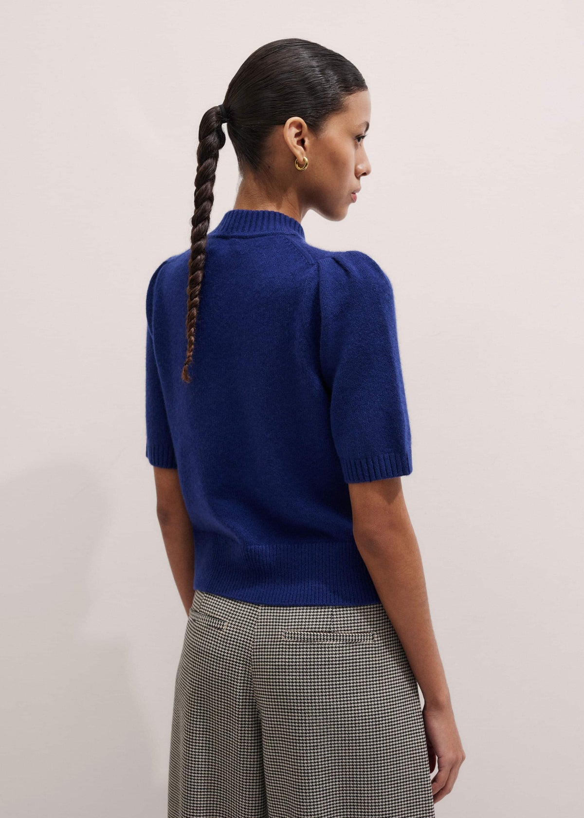 ME+EM Clothing Blue Cashmere Zip Neck Pouf Sleeve Knit Tee