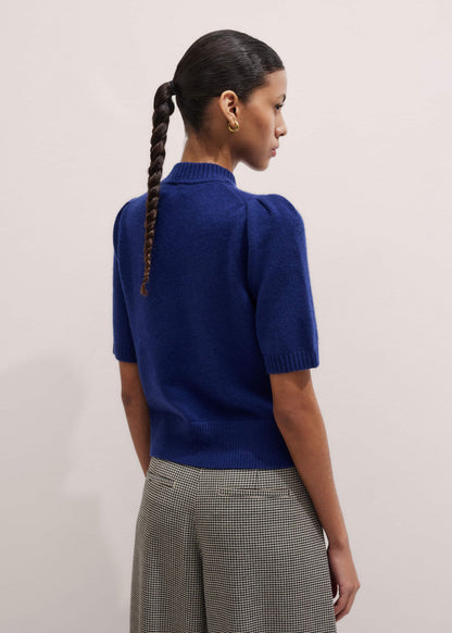 ME+EM Clothing Blue Cashmere Zip Neck Pouf Sleeve Knit Tee