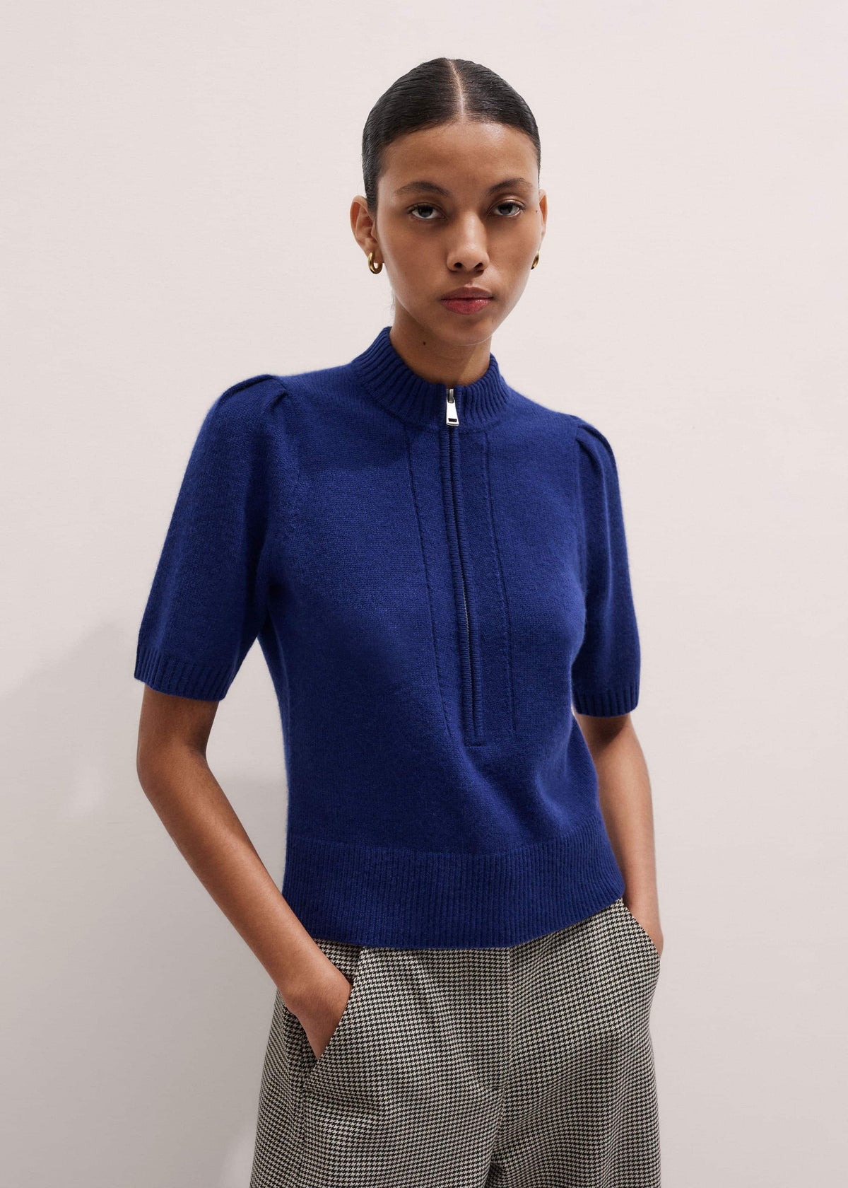 ME+EM Clothing Blue Cashmere Zip Neck Pouf Sleeve Knit Tee