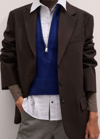 ME+EM Clothing Blue Cashmere Zip Neck Pouf Sleeve Knit Tee