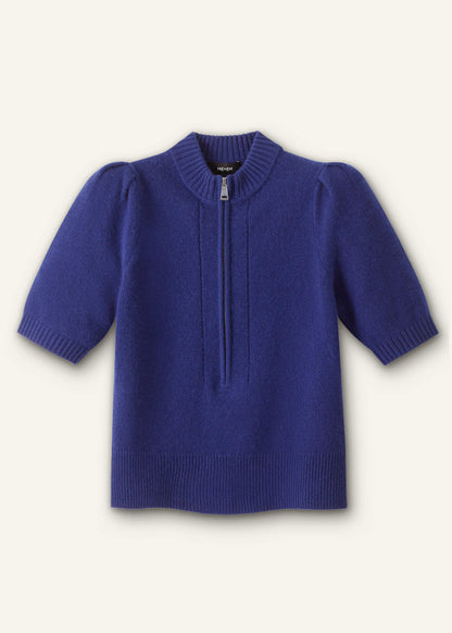 ME+EM Clothing Blue Cashmere Zip Neck Pouf Sleeve Knit Tee