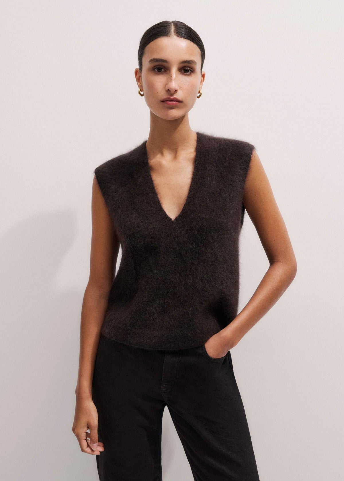 ME+EM Clothing Brown Brushed Cashmere V-Neck Sweater Vest
