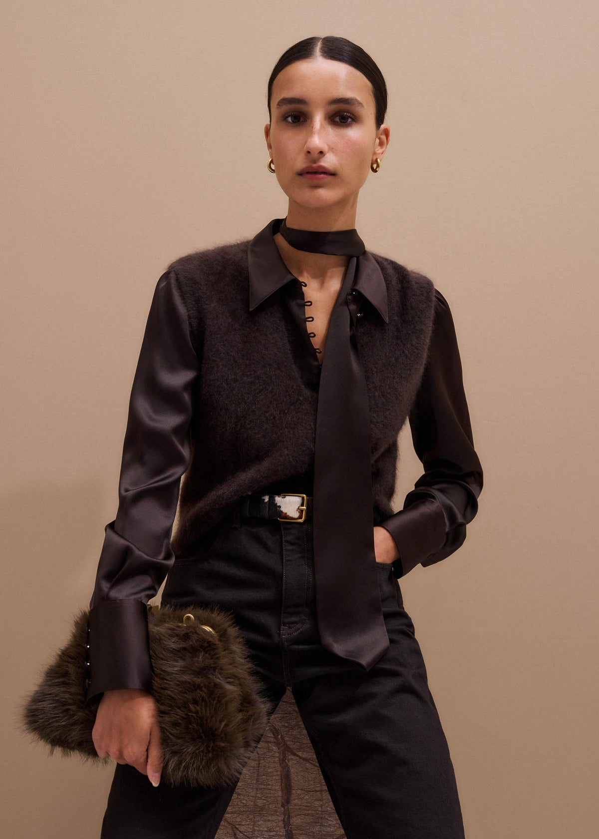 ME+EM Clothing Brown Brushed Cashmere V-Neck Sweater Vest