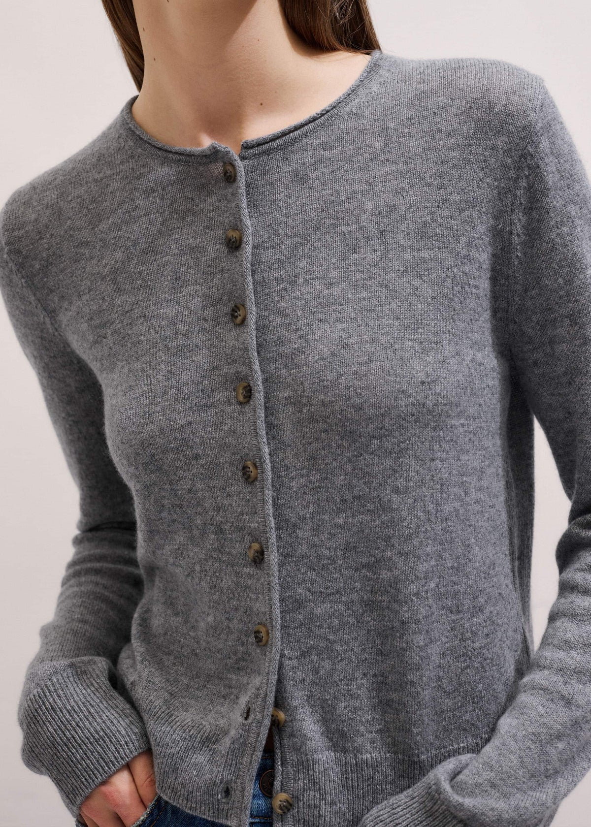 ME+EM Clothing Gray Cashmere Roll Trim Straight Cardigan