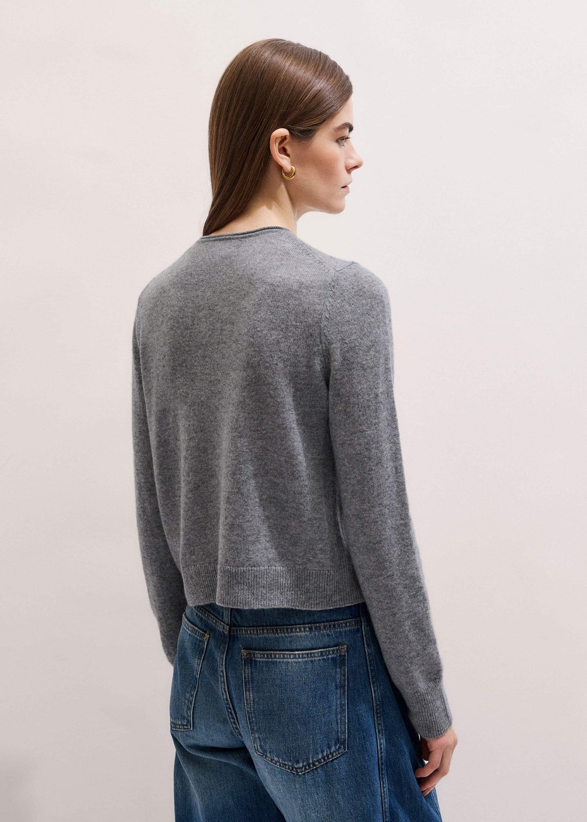 ME+EM Clothing Gray Cashmere Roll Trim Straight Cardigan