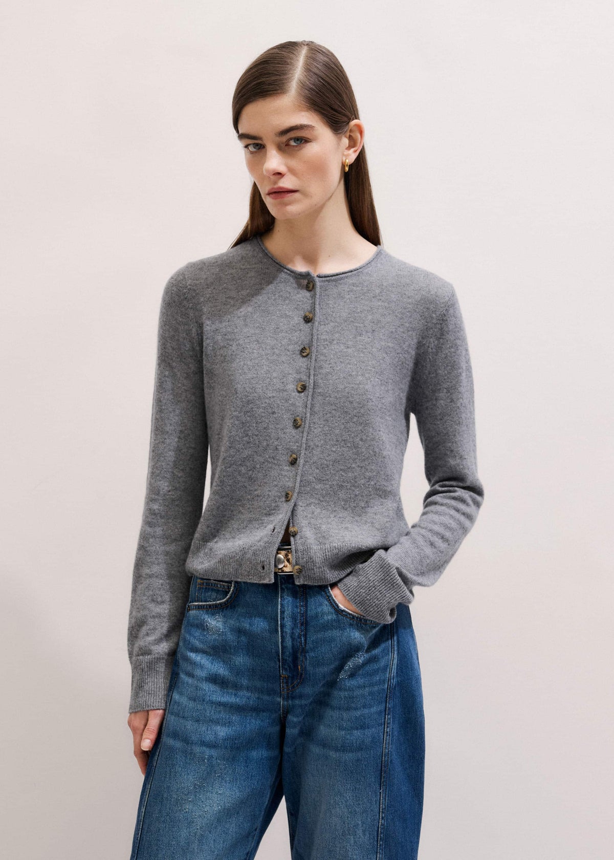 ME+EM Clothing Gray Cashmere Roll Trim Straight Cardigan