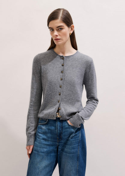 ME+EM Clothing Gray Cashmere Roll Trim Straight Cardigan