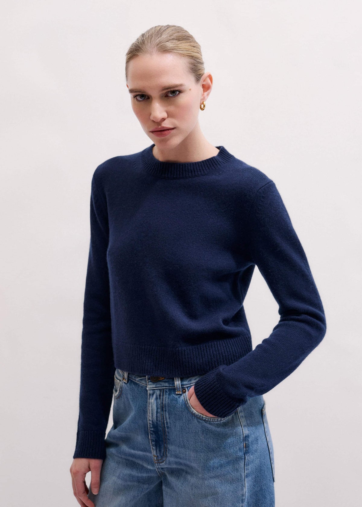 ME+EM Clothing Navy Cashmere Crew Neck Crop Sweater